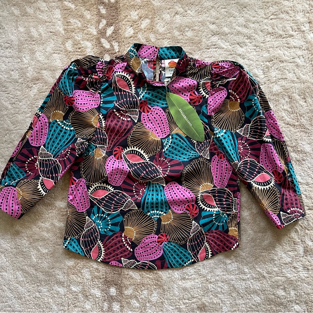 Farm Rio Shell Mix Long Cuff Blouse In Multi Size Medium New With Tags - Picture 3 of 13